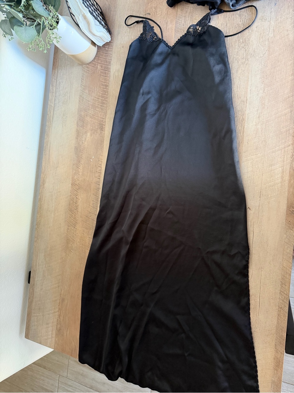 Black Satin Maxi Slip dress with Lace Trim